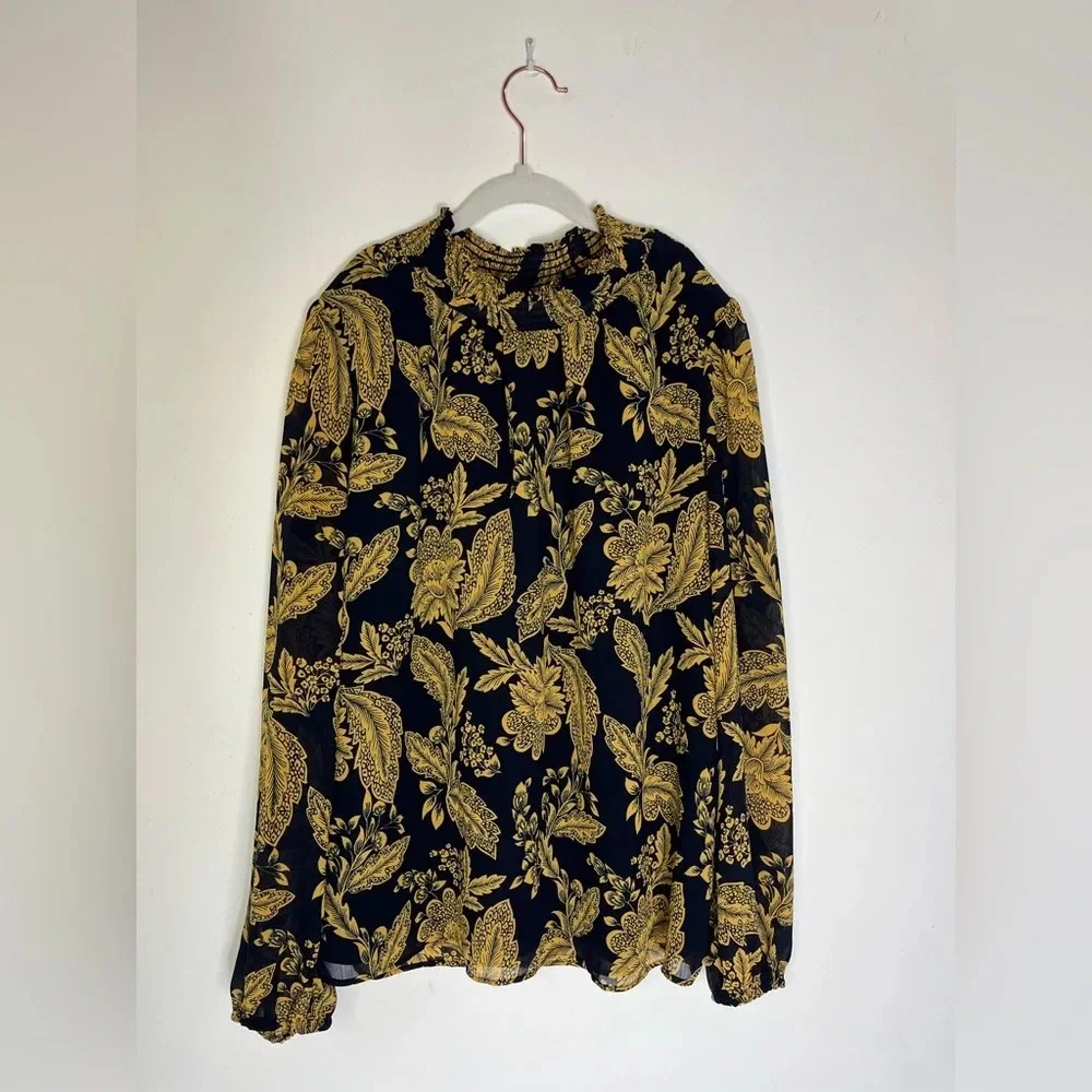 J Crew Smocked Ruched Chiffon Regal Gold Navy Floral Coquette Blouse Women Sz XS